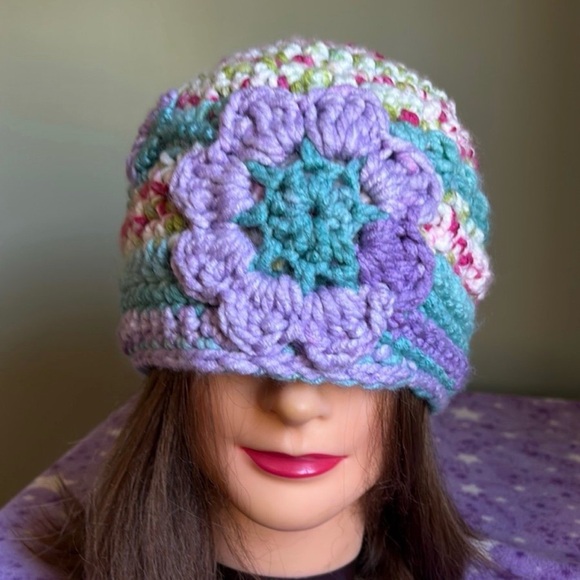Multicolor Crochet Flower Beanie medium soft thick acrylic yarn - Picture 7 of 10